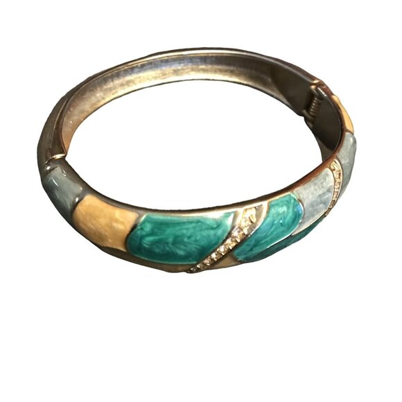 Hinged Bracelet Turquoise Yellow Enamel Clear Stones Beach Resort Beautiful - Picture 1 of 7